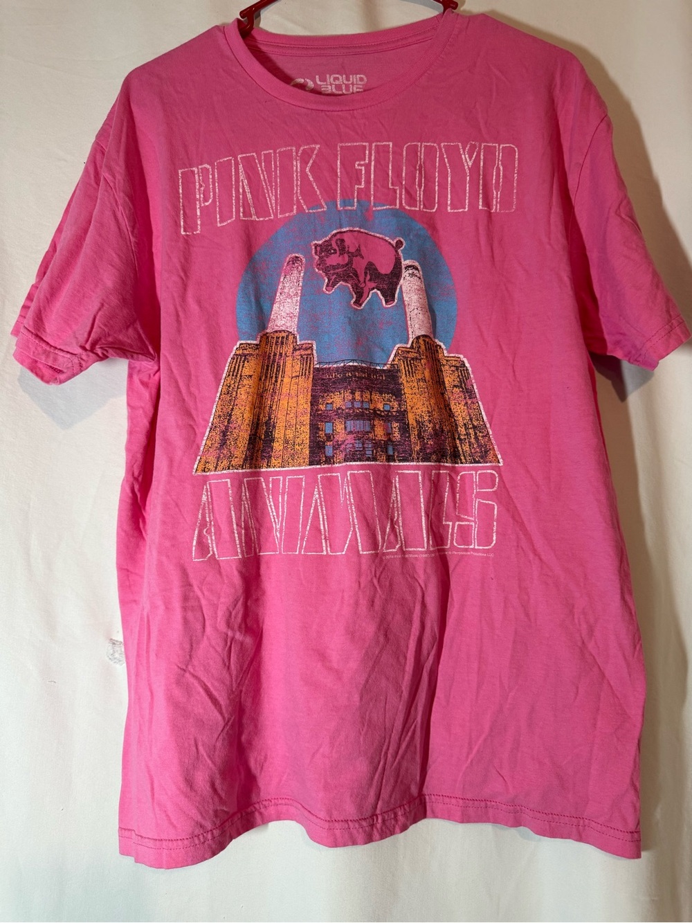 Pink Floyd Animals Battersea Power Station Pink Graphic T-Shirt Liquid Blue Larg